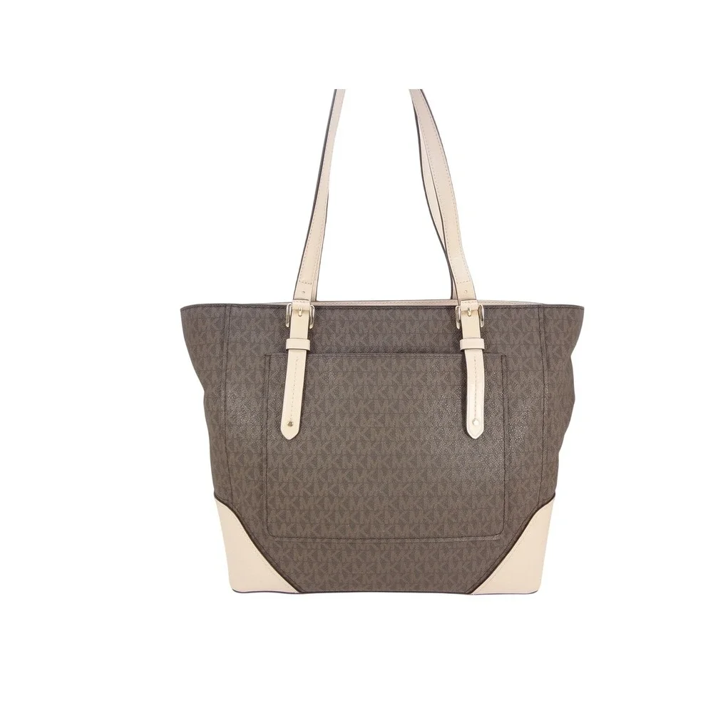 Michael‎ Kors Aria Large Jet Set Travel Brown MK Logo Tote Bag Powder Blush Trim